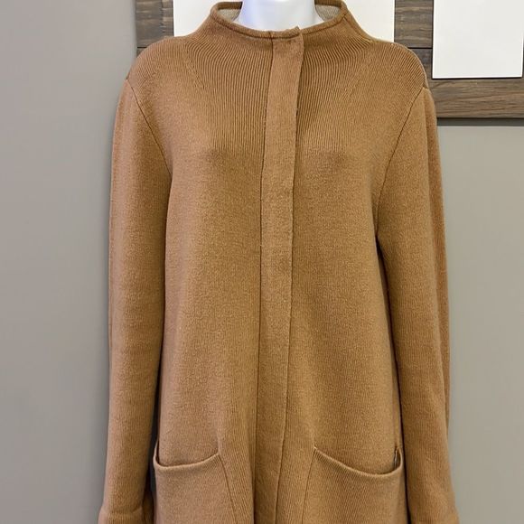 Ann Taylor Oversized Camel Tan/ Cream Cardigan Jacket w/ Pockets & Zipper-Small - Picture 2 of 12